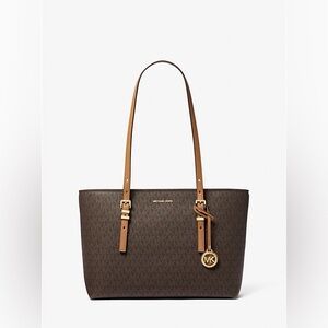 Michael Kors Quinn medium signature logo and leather tote bag in brown/acorn